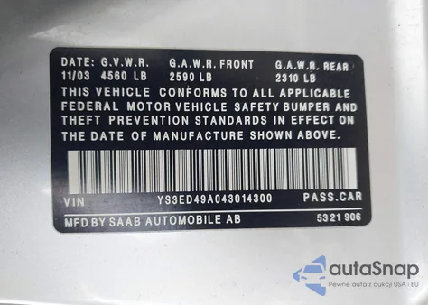 2004 Saab 9-5 Arc z USA, uszkodzony, nr VIN YS3ED49A043014300